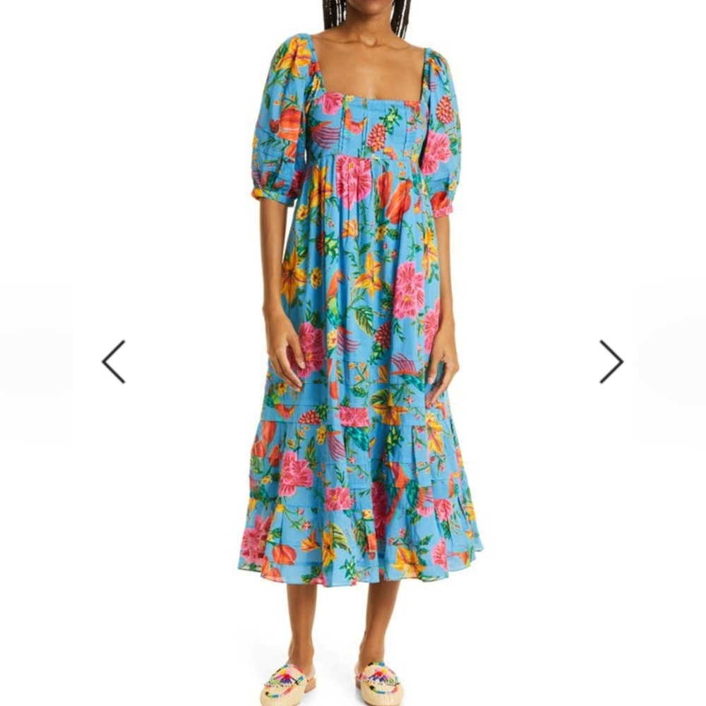 FARM Rio Green and Blue Ruffled Smocked Midi Dress